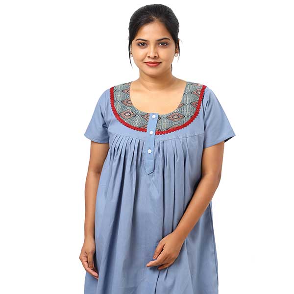 Front Open Cotton Nighty With Buttons, 55 Inches Long - Ash