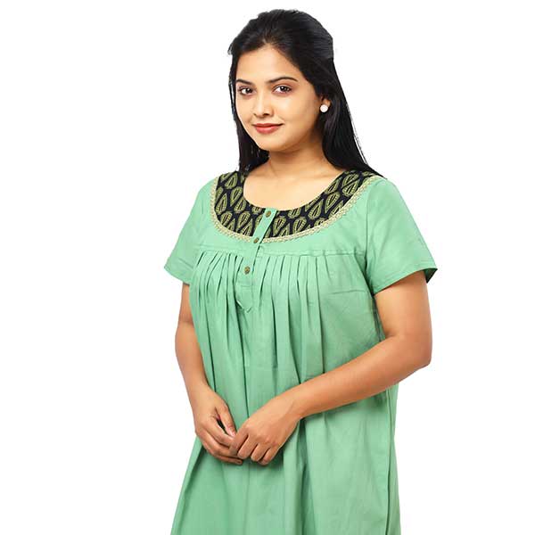 Front Open Cotton Nighty With Buttons, 55 Inches Long - Green