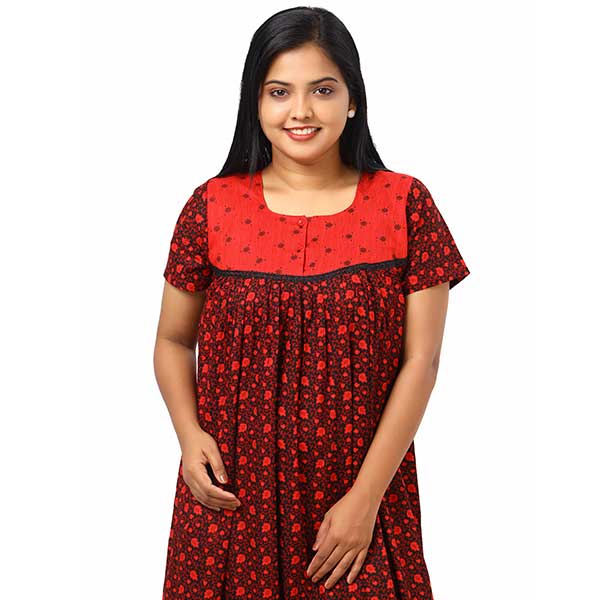 Front Open Cotton Nighty With Buttons, 55 Inches Long -  Red