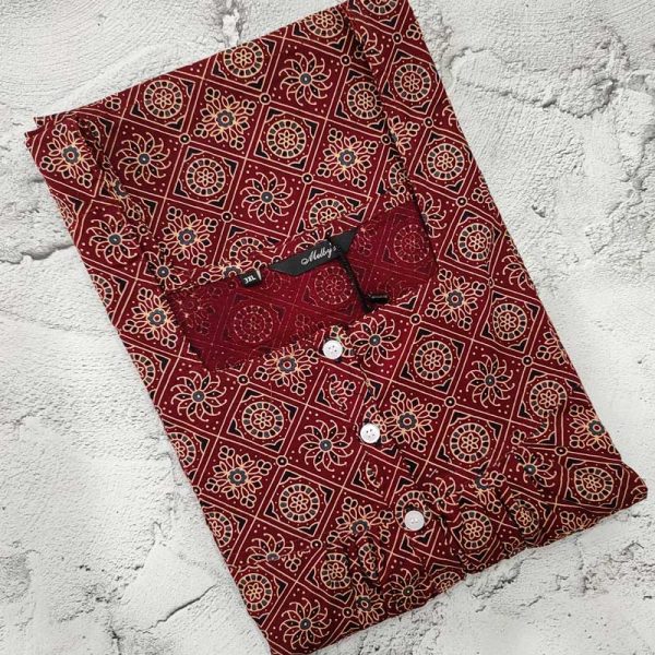 Front Open Cotton Nighty With Buttons, 57 Inches Long - Maroon