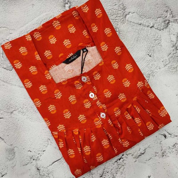 Front Open Cotton Nighty With Buttons, 55 Inches Long - Orange