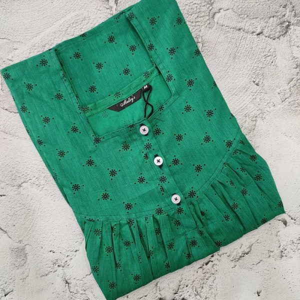 Front Open Cotton Nighty With Buttons, 55 Inches Long - Green