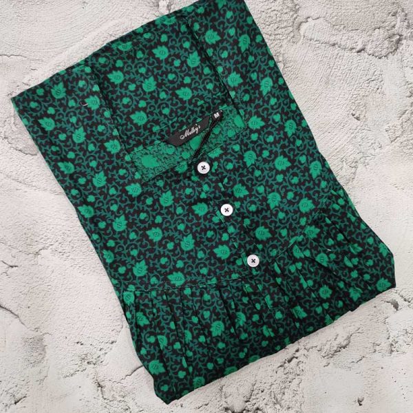 Front Open Cotton Nighty With Buttons, 55 Inches Long - Green