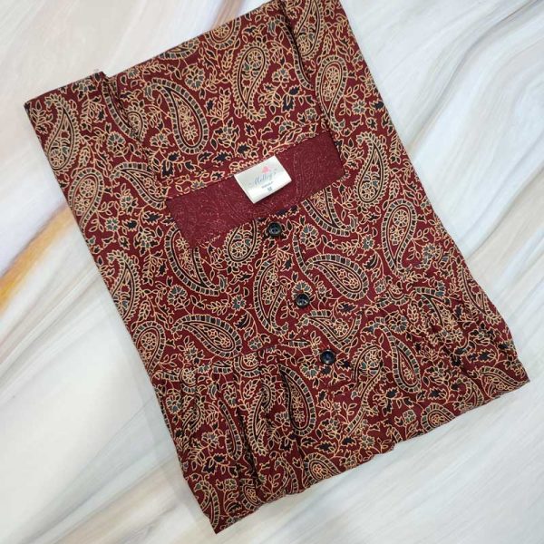 Front Open Cotton Nighty With Buttons, 55 Inches Long - Maroon