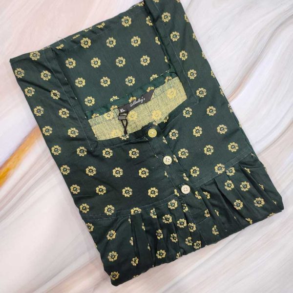 Front Open Cotton Nighty With Buttons, 55 Inches Long - Dark Green