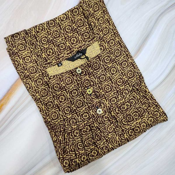 Front Open Cotton Nighty With Buttons, 55 Inches Long - Brown