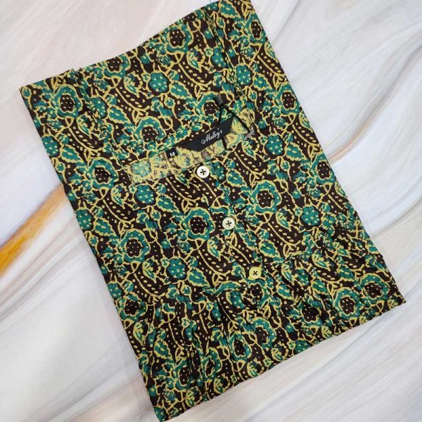 Front Open Cotton Nighty With Buttons, 55 Inches Long - Green