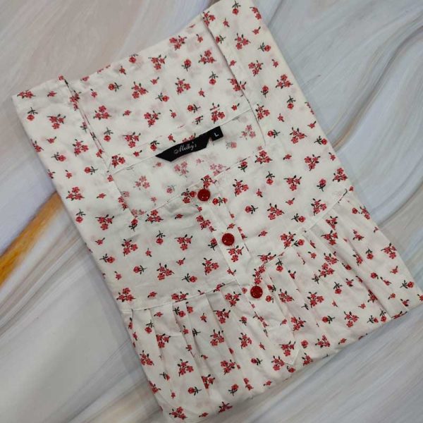Front Open Cotton Nighty With Buttons, 55 Inches Long - White