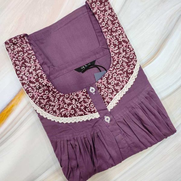 Front Open Cotton Nighty With Buttons, 55 Inches Long - Purple