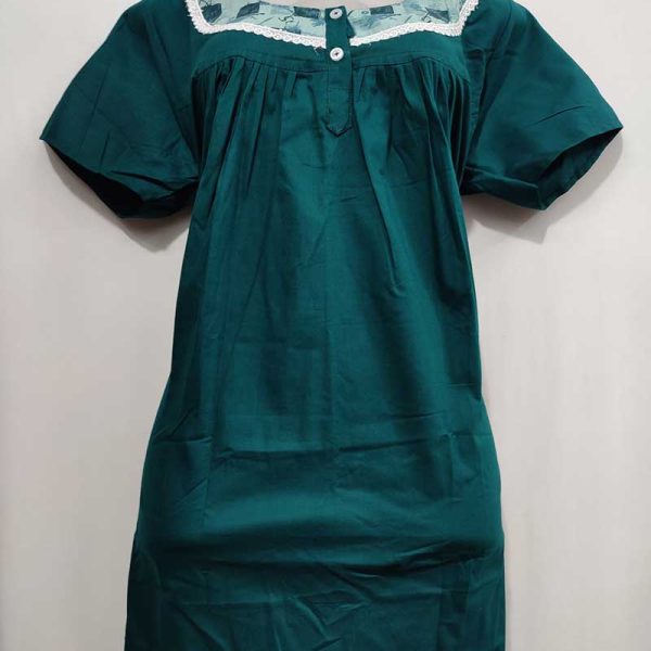 Front Open Cotton Nighty With Buttons, 55 Inches Long - Green