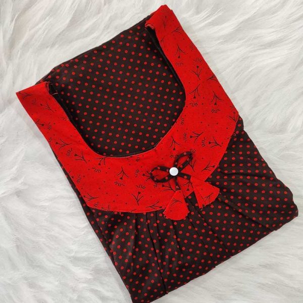Comfortable cotton nighty with round neck -55 inches long - Black + Red