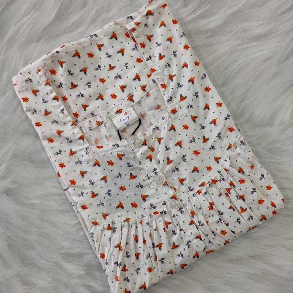 Front Open Cotton Nighty With Buttons, 55 Inches Long - White + Orange