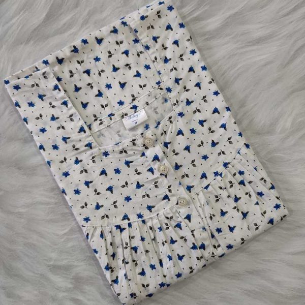 Front Open Cotton Nighty With Buttons, 55 Inches Long - White + Blue