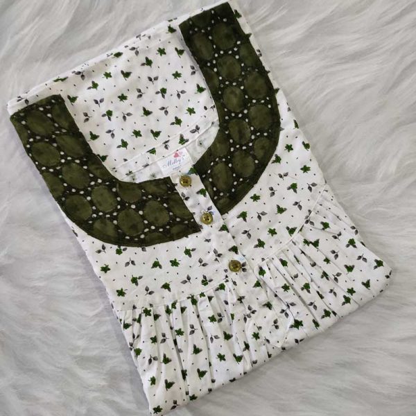 Front Open Cotton Nighty With Buttons, 55 Inches Long - White + Green