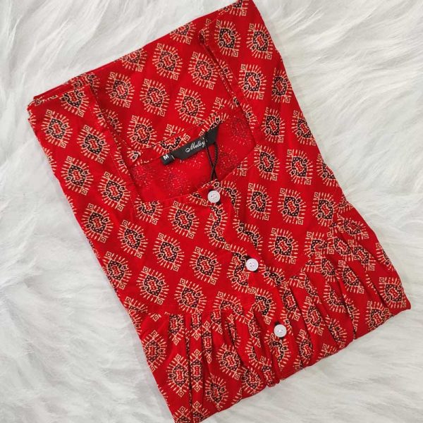 Front Open Cotton Nighty With Buttons, 55 Inches Long -  Red