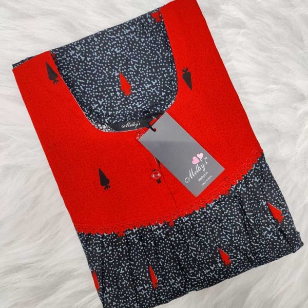 Front Open Cotton Nighty With Buttons, 55 Inches Long - Black + Red