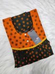 Front Open Cotton Nighty With Buttons, 55 Inches Long - Black + Orange