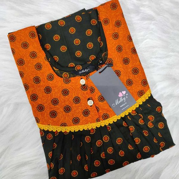 Front Open Cotton Nighty With Buttons, 55 Inches Long - Black + Orange