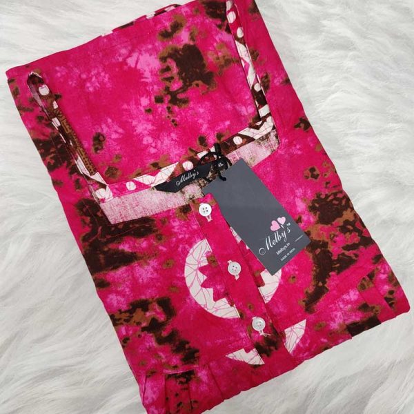 Front Open Cotton Nighty With Buttons, 57 Inches Long - Magenta