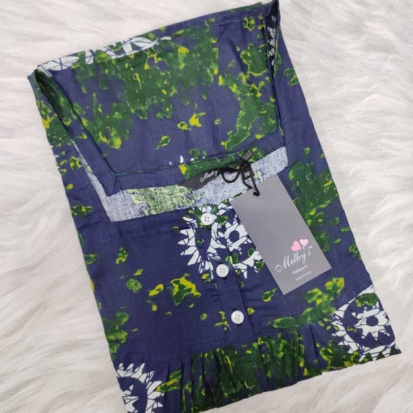 Front Open Cotton Nighty With Buttons, 57 Inches Long - Dark Blue