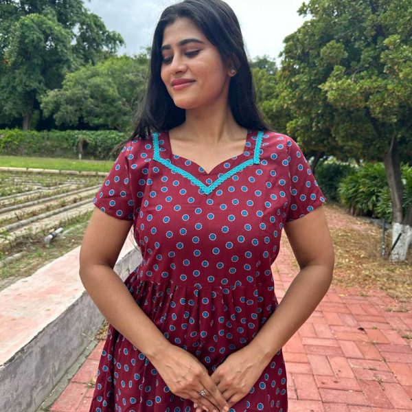 Comfortable Frock Model Cotton Nighty - 55 Inches Long - Maroon