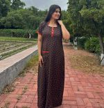 Comfortable Churidar Model Cotton Nighty With Collar Neck - 55 Inches Long - Black - Image 6
