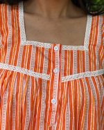 Sleeveless Front Open Cotton Nighty With Buttons, 55 Inches Long - Orange - Image 3