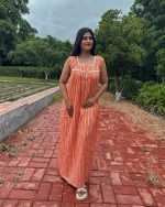 Sleeveless Front Open Cotton Nighty With Buttons, 55 Inches Long - Orange - Image 2