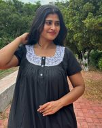 Front Open Poplin Cotton Nighty With Buttons, 55 Inches Long -  Black