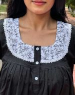 Front Open Poplin Cotton Nighty With Buttons, 55 Inches Long -  Black - Image 2