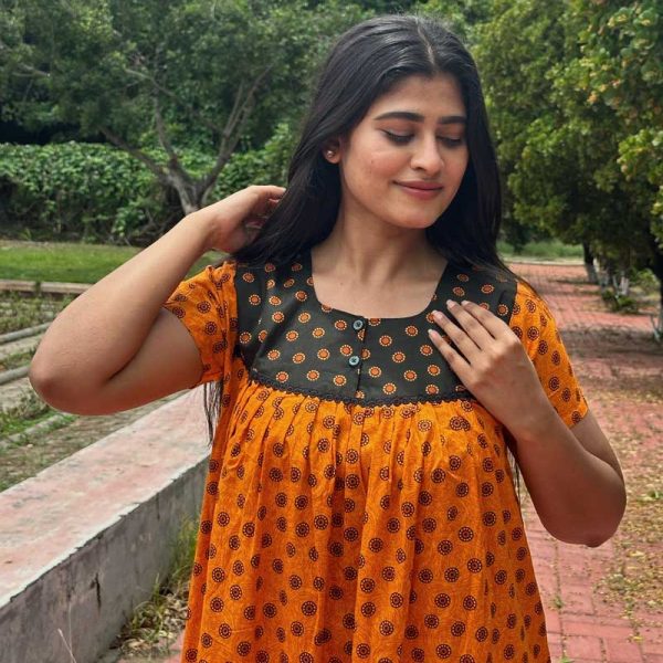 Front Open Cotton Nighty With Buttons, 55 Inches Long - Orange