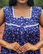 Sleeveless Front Open Cotton Nighty With Buttons, 55 Inches Long - Blue - Image 3