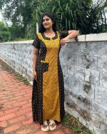 Comfortable Churidar Model Cotton Nighty - 55 Inches Long - Yellow - Image 4