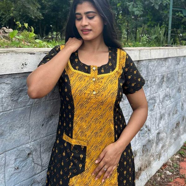 Comfortable Churidar Model Cotton Nighty - 55 Inches Long - Yellow