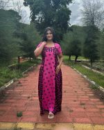 Comfortable Churidar Model Cotton Nighty - 55 Inches Long - Rose - Image 4