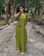 Comfortable Churidar Model Cotton Nighty With Collar Neck - 55 Inches Long - Green - Image 4
