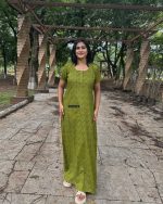Comfortable Churidar Model Cotton Nighty With Collar Neck - 55 Inches Long - Green - Image 3