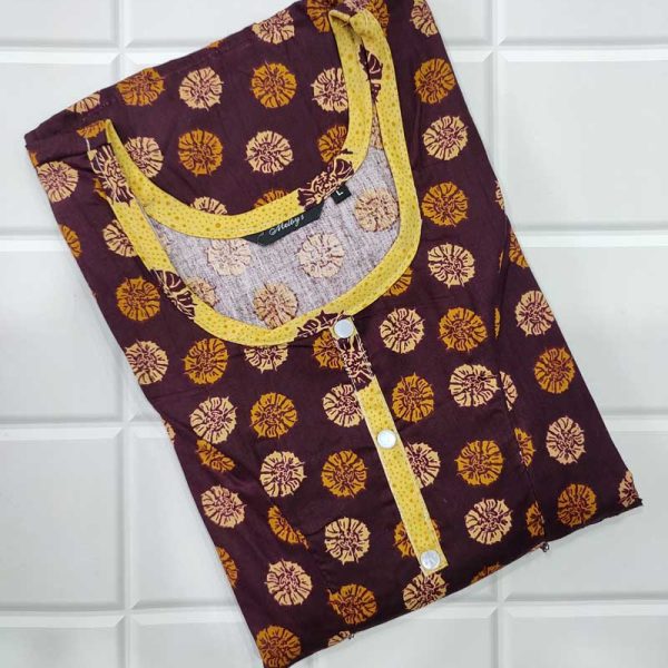 Pure Cotton Feeding Nighty With Side Zips For Mothers -55 inches Long -Brown
