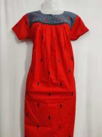 Front Open Cotton Nighty With Buttons, 55 Inches Long - Red - Image 2