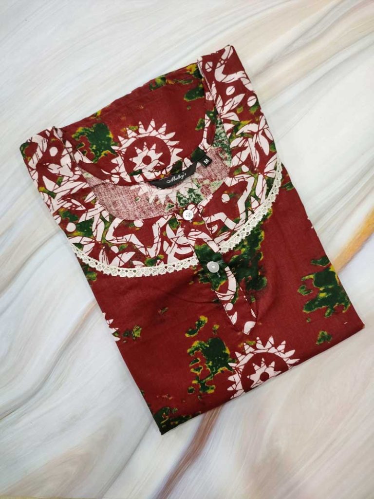 - Front Open Nighty With Pleats Stitching - Front Open Nighty With Pleats Stitching