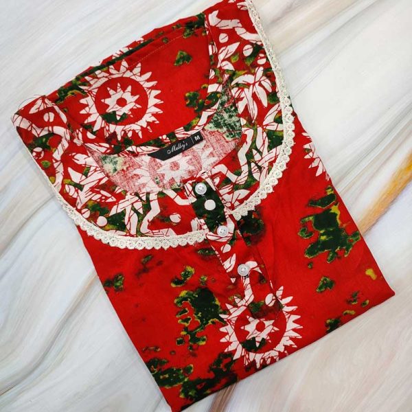 Comfortable cotton nighty with long sleeves- 55 inches long - Red
