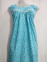 Front Open Cotton Nighty With Buttons, 55 Inches Long - Blue - Image 2