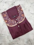 Front Open Poplin Cotton Nighty With Buttons, 55 Inches Long - Grapes Maroon
