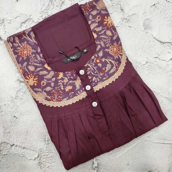 Front Open Populin Cotton Nighty With Buttons, 55 Inches Long - Grapes Maroon