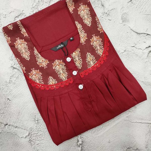 Front Open Populin Cotton Nighty With Buttons, 55 Inches Long - Maroon