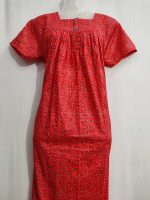 Front Open Cotton Nighty With Buttons, 55 Inches Long - Red - Image 2