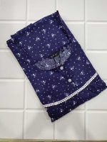 Comfortable Front Open Cotton Nighty With Buttons- 57 inches long - Blue