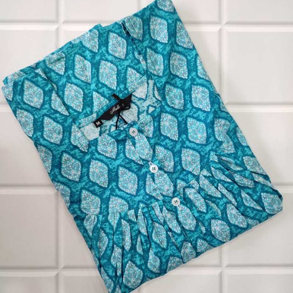 Front Open Cotton Nighty With Buttons, 55 Inches Long - Blue