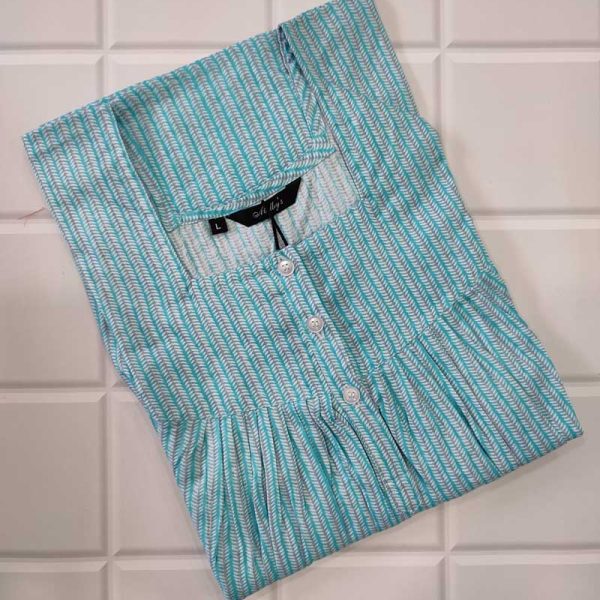 Front Open Cotton Nighty With Buttons, 55 Inches Long - Blue