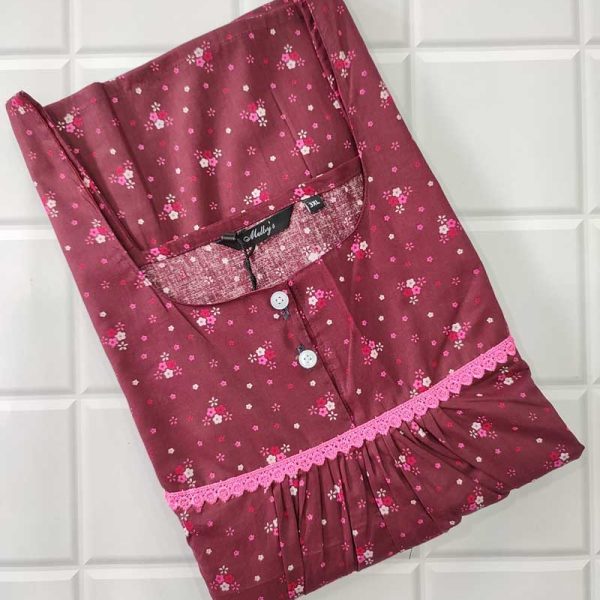 Comfortable Front Open Cotton Nighty With Buttons- 57 inches long - Maroon